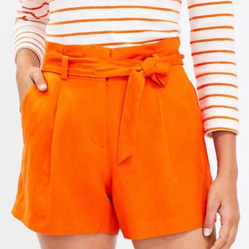 LOFT Bright‎ Orange Linen Shorts with Tie Belt Pockets Size Small